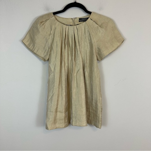 Club Monaco | Gold Sparkle Short Sleeve Pintucked Blouse Size XS - Picture 1 of 5